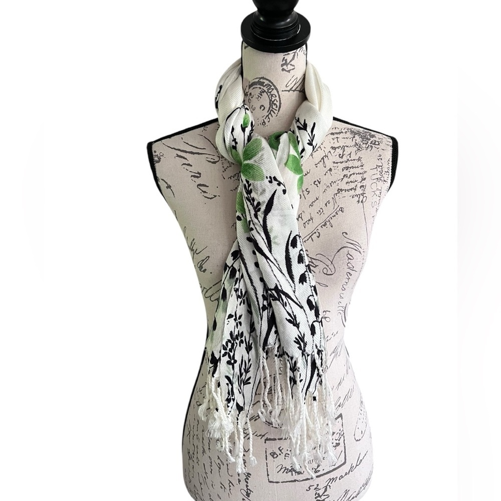 Floral Cream and Green knit Pashmina, scarf 72” x 26”